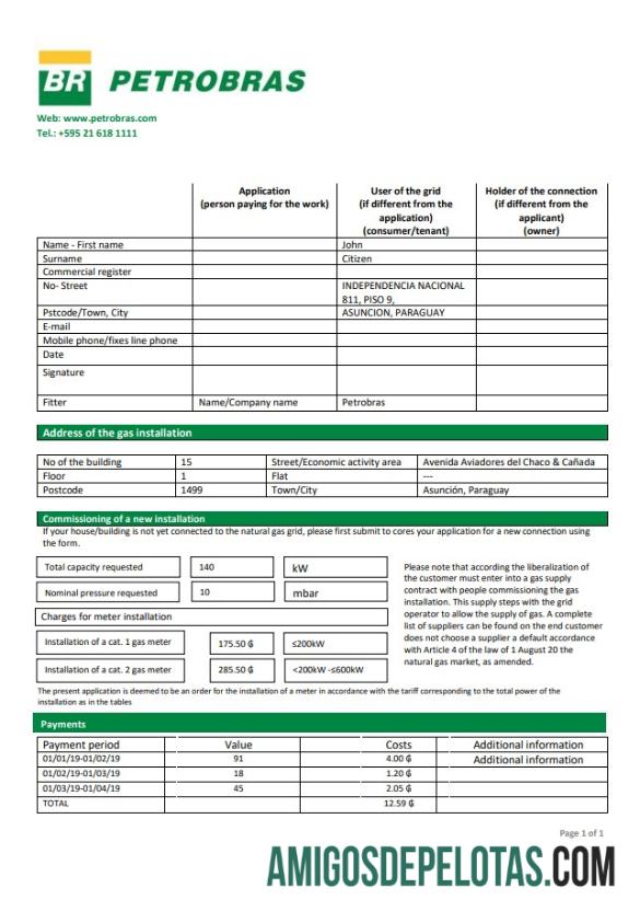 realista Paraguai Petrobras Paraguai Modelo de fatura de serviços públicos de operações e logística de empresa de gás em formato Word e PDF